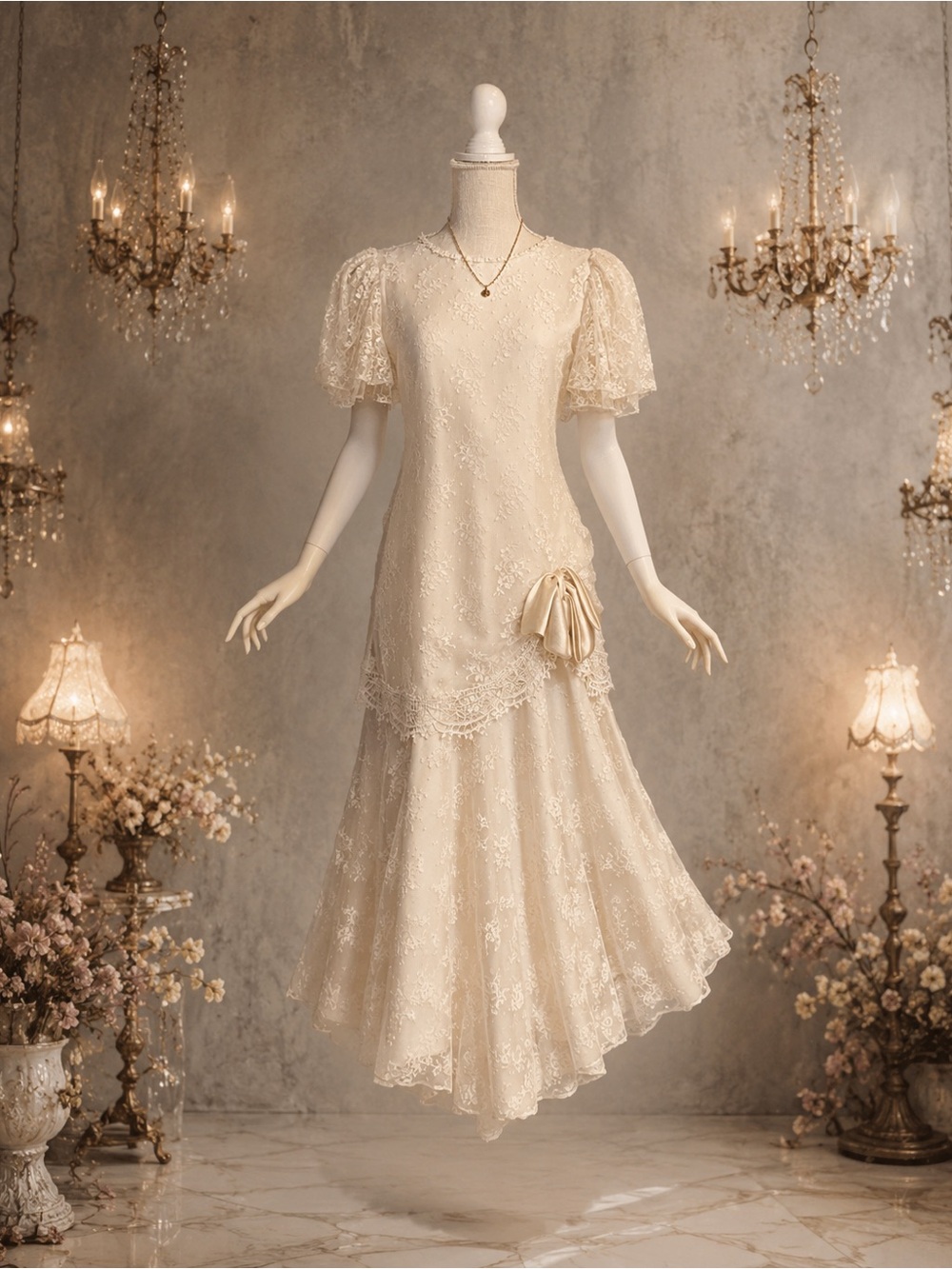 VTG 80s romantic does 1920s flapper Edwardian midi lace ivory dress drop waist